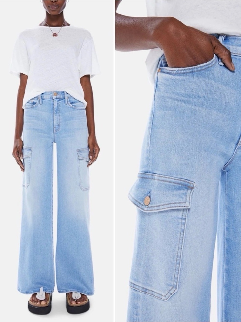 Mother Undercover Cargo Sneak Jeans 31 Sun Kissed Light Denim Blue Utility Y2K